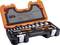 Tool case with socket wrench set, T-handle, extensions and various sockets, in an open orange-black case.