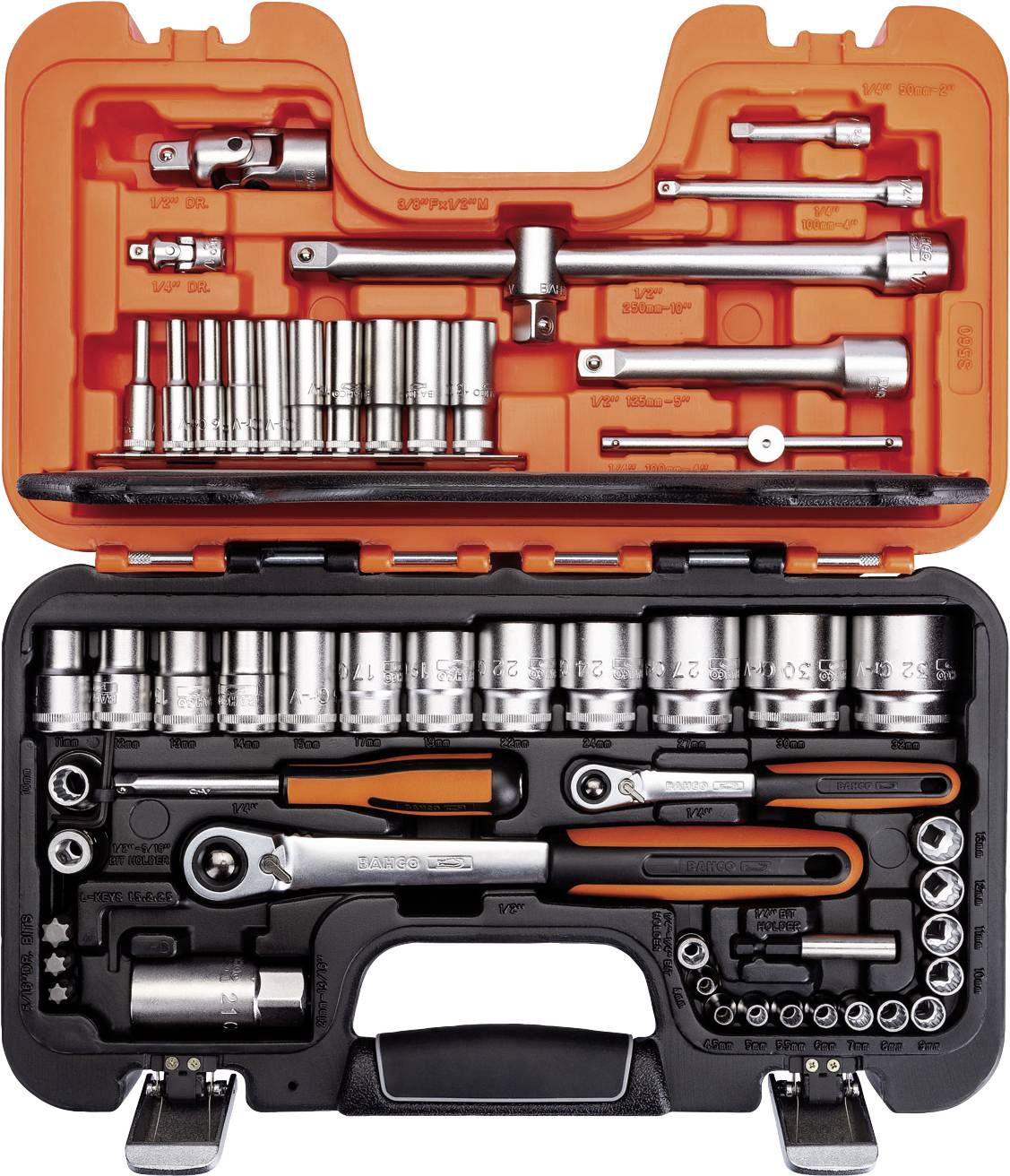 A tool case with a socket wrench set, including ratchet, socket nuts and extensions, in a well-organised arrangement.