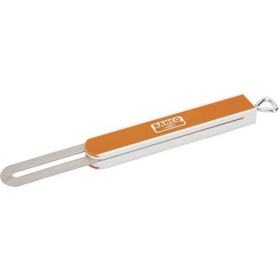Metal saw sharpener in orange and white with a metal blade and a ring at the end. 'Bahco' marking on the upper side.