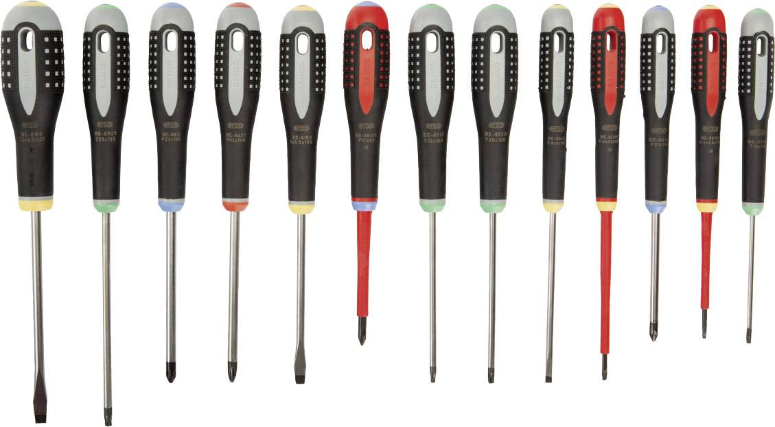 A set of eleven screwdrivers in different sizes and colours, arranged side by side.