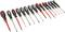 A set of 14 screwdrivers with differently coloured handles and blades, which are flat and cross-headed.