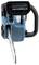 Electric chainsaw in blue, front view. It has an ergonomic handle and a long chain. Suitable for garden work.