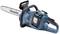 Blue Makita cordless chainsaw with a black handle and silver guide bar, lying down; suitable for garden work.