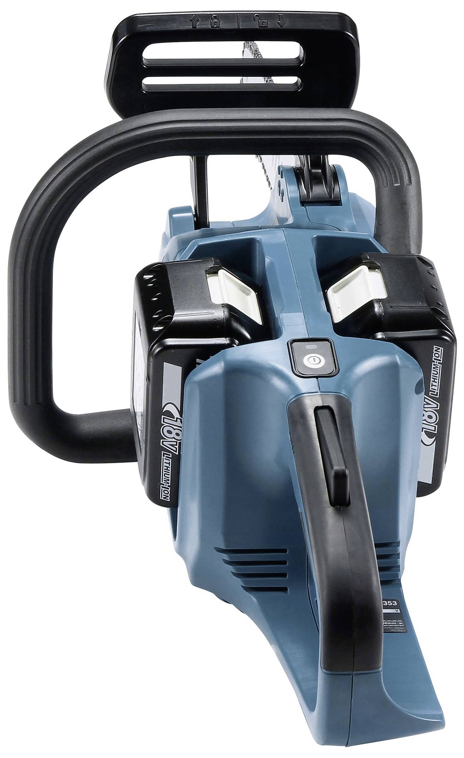 Battery chainsaw in blue with a black handle, for cordless wood cutting. Front view shows the guide bar mount and battery compartment.