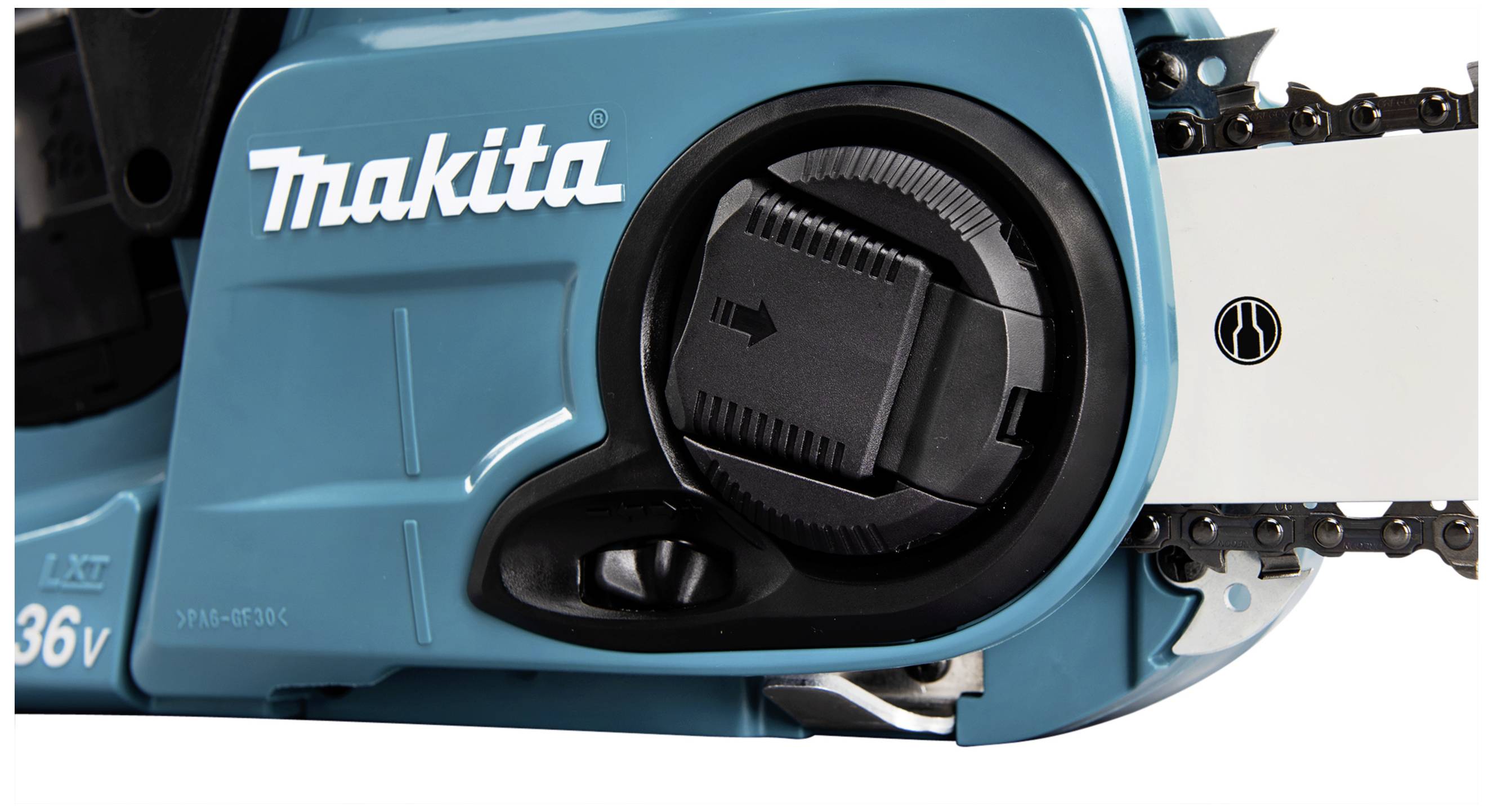 'Battery chainsaw with blue casing and chain tensioning button. Brand symbol visible.'