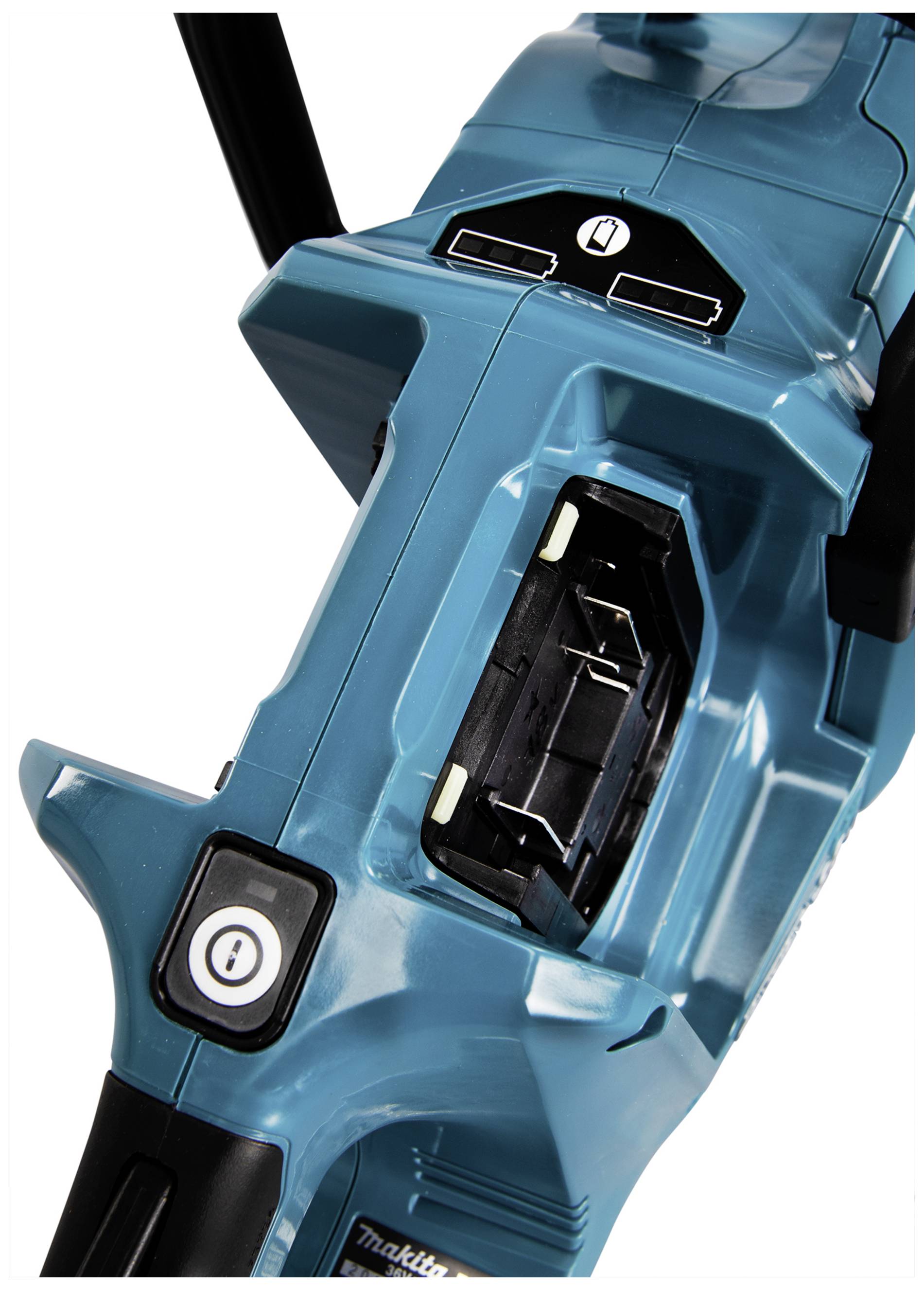 'Battery compartment and controls of a cordless electric tool housing, featuring a blue colour and distinctive design.'