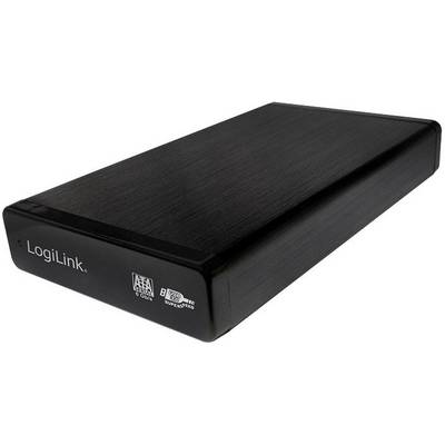 A black external hard drive enclosure by LogiLink, rectangular, with logos and connections, suitable for external data storage.