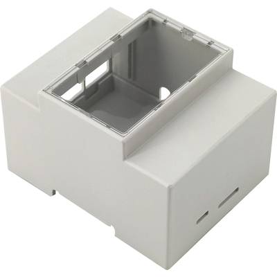 Housing for DIN rail mounting, white, with transparent cover and side openings.