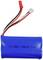 A blue lithium-ion battery with red, black and white cables and a plug connector. Label reads: 'LD 18650 1500mAh 7.4V'.