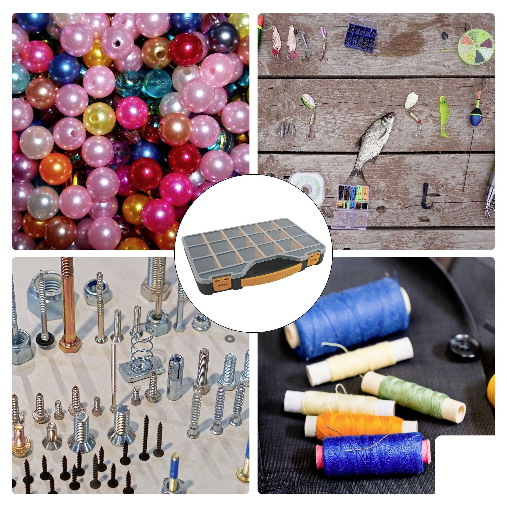 Colourful beads, sorted fishing lures, various screws and coloured cotton reels. In the centre, a transparent storage box.