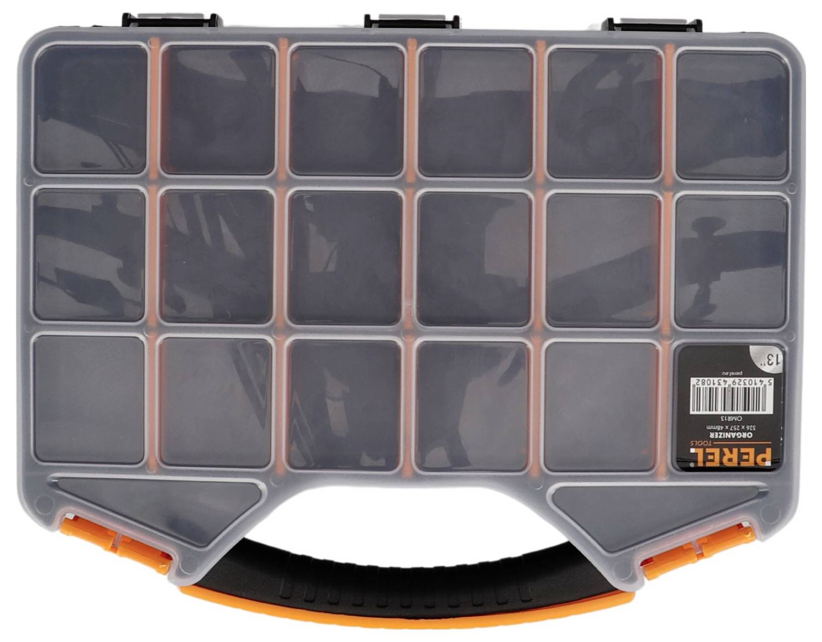 Plastic storage box with 17 compartments. Transparent lid, ergonomic handle, black clasps, orange accents.