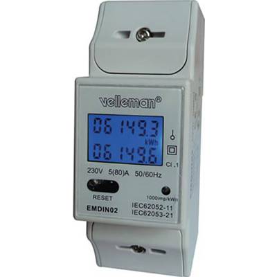 Electronic electricity meter with digital display showing two measured values in kWh. Logo and model number 'EMDIN02' at the top. Suitable for DIN rail mounting.