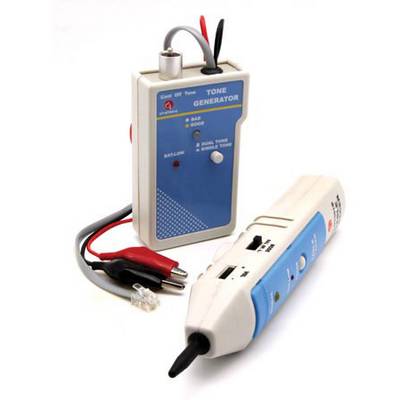 'Tone Generator' and 'Cable Tester' with cables and plugs. Main device with button for selecting functions. Handheld device for testing cables.