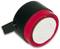 Round, black electric buzzer with red plastic cover, mounted on a metal bracket.