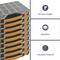 A stack of six stackable storage boxes with grey and orange details. On the right, icons with the texts: 'easy to carry', 'stackable', 'robust material'.