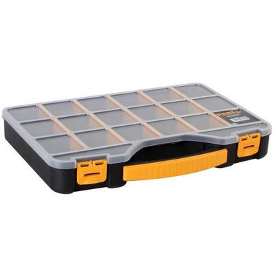 Transparent tool box with an orange handle and catches, containing 18 compartments for storing small parts.