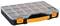 Transparent tool box with an orange handle and catches, containing 18 compartments for storing small parts.