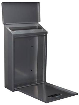 An open, empty, grey wall-mounted letterbox with a hinged lid and a lowered front flap.