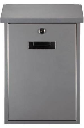 A grey postbox with a flap and lock.