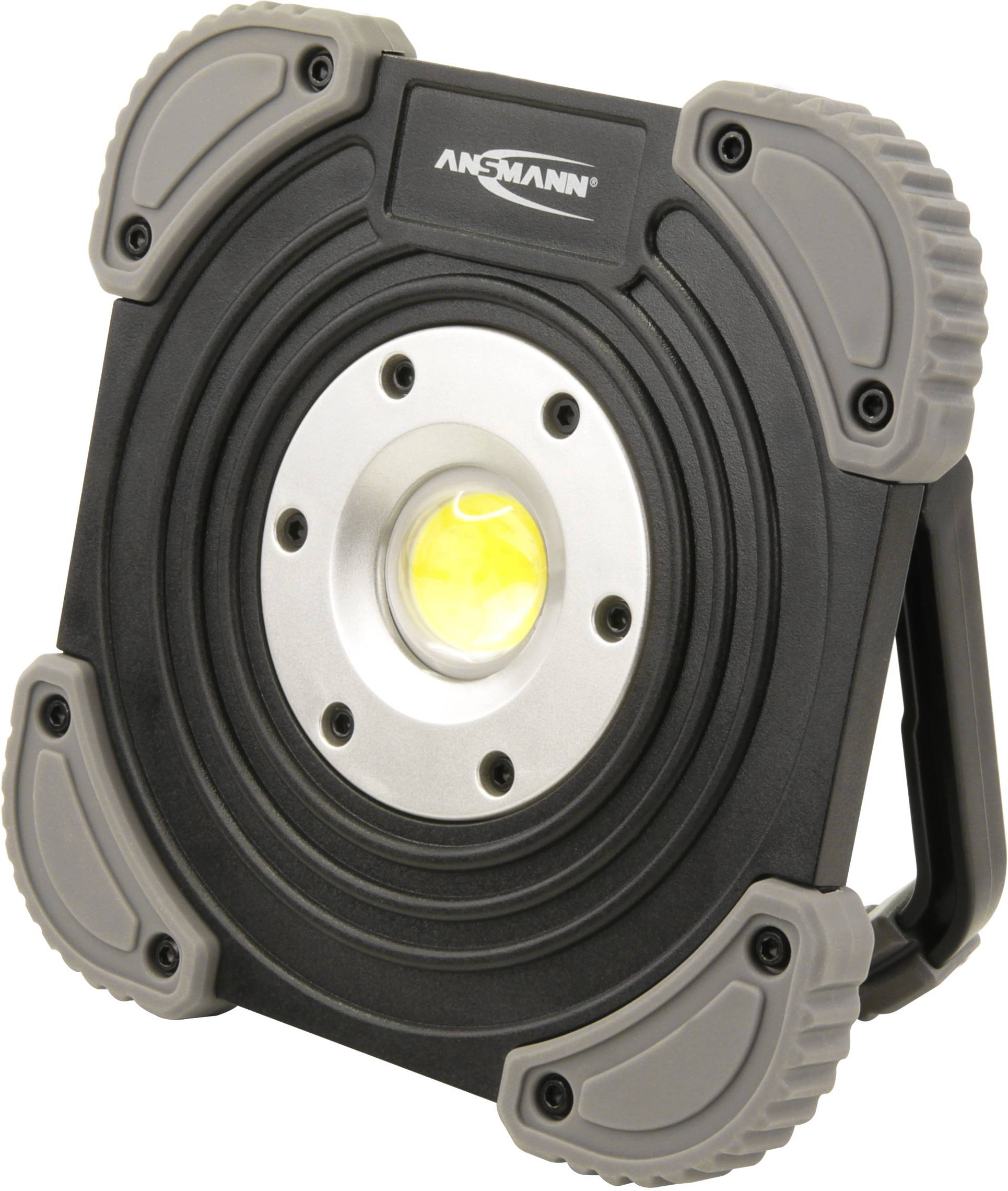 A portable, black LED work light with robust grey corners and a central, bright illumination source.