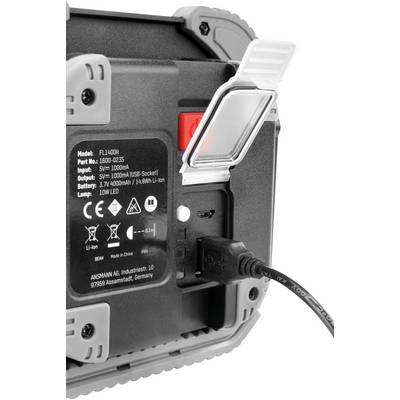Back of a portable device with a USB port and labelling for model FL1400R, LED 10W, and manufacturer information.