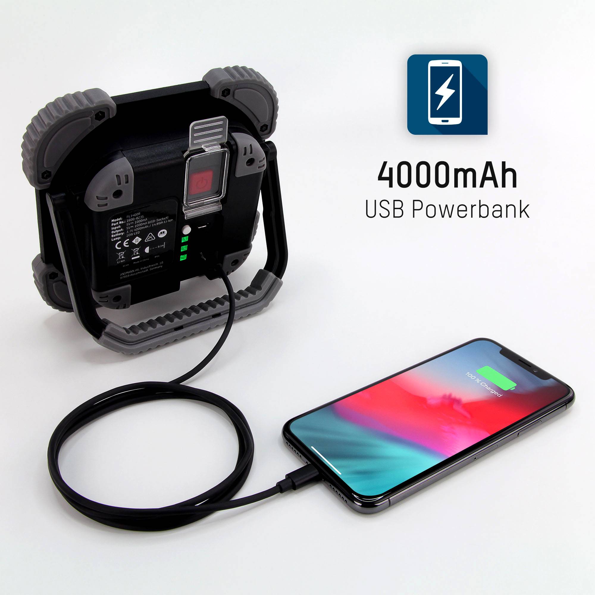 Mobile charging station with 4000mAh power bank. A smartphone is connected via USB cable and is being charged, with a green battery icon.