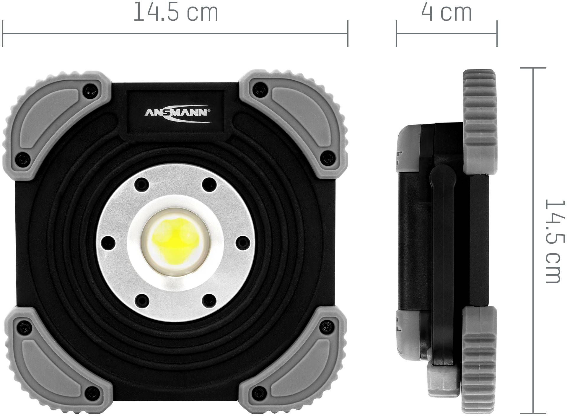 Square, portable LED lamp measuring 14.5 cm in width and height, 4 cm thick. Front view and side view shown.