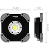 Square, portable LED lamp measuring 14.5 cm in width and height, 4 cm thick. Front view and side view shown.