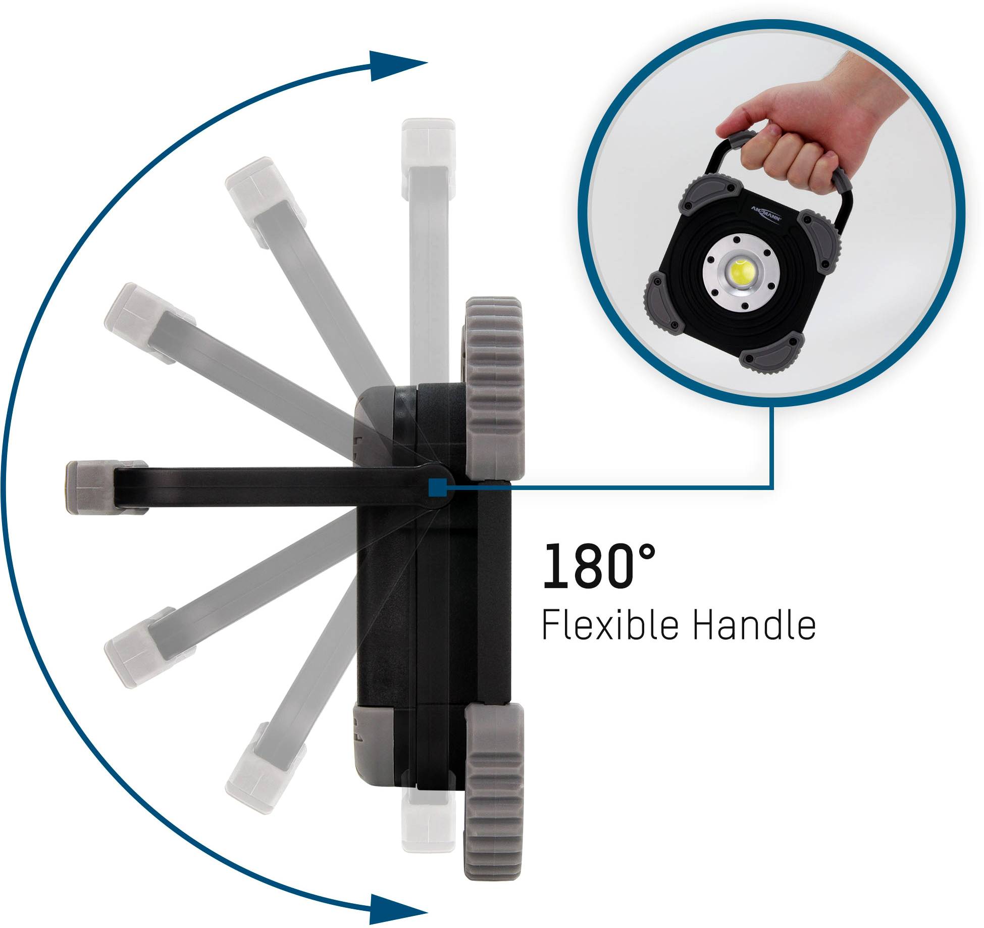 'Torch with a pivoting, 180-degree rotatable handle, easy to carry. Various handle positions are shown.'