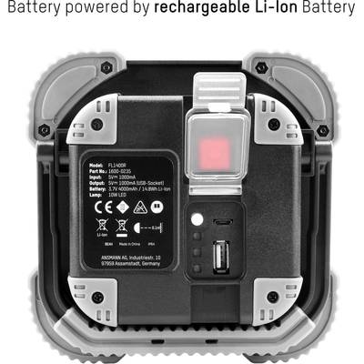 Back of a charger with USB port, technical specifications, and note: 'Battery powered by rechargeable Li-Ion Battery'.