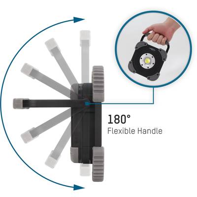 Portable lamp with a 180-degree pivoting handle, showing the handle's range of movement. Hand holding the lamp to demonstrate its flexibility.