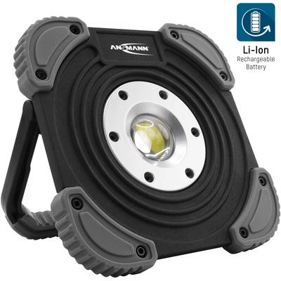 Portable LED spotlight with batteries, black and grey casing. A symbol for a rechargeable Li-Ion battery located in the top right corner.