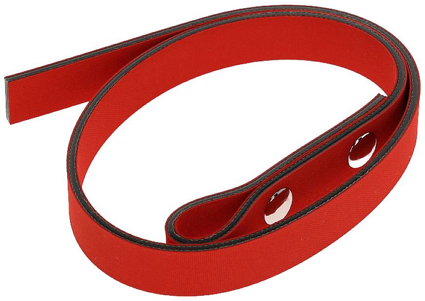A red, flexible ribbon with two metal buttons at one end, likely an accessory or part of a fastening system.