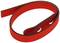 A red, flexible ribbon with two metal buttons at one end, likely an accessory or part of a fastening system.