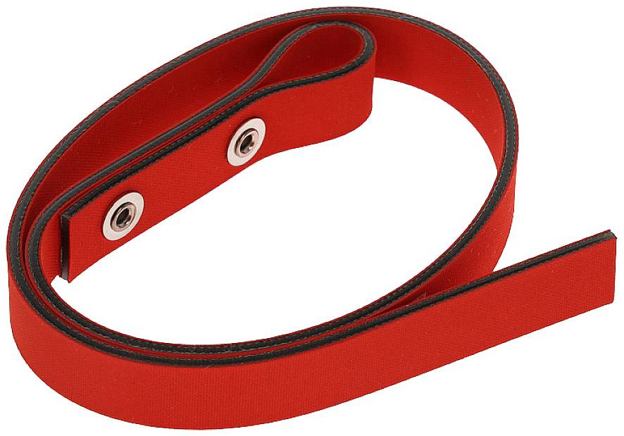 A red, flat ribbon with two round metal eyelets at one end, which is rolled up.