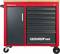 Red workshop trolley with wooden top, left side with door, right side with five drawers. Labelled 'GEDORE red'. Mounted on castors.