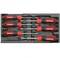 Six-piece screwdriver set with red and black handles in a black holder. Ideal for general repair work.