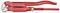 Red pipe wrench, partially open, on a white background. Tool for pipe installation or repair.