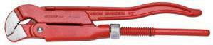 Red pipe wrench in side view, with steel-coloured gripping head and turning mechanism. Marking: 'Knipex 10".'