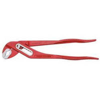 Red pliers with adjustable head and ergonomic handles, suitable for gripping and holding objects.