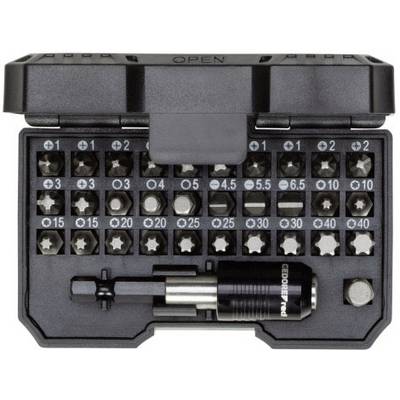 Bit set with 31 different bits and a screwdriver attachment in a robust, open black box.