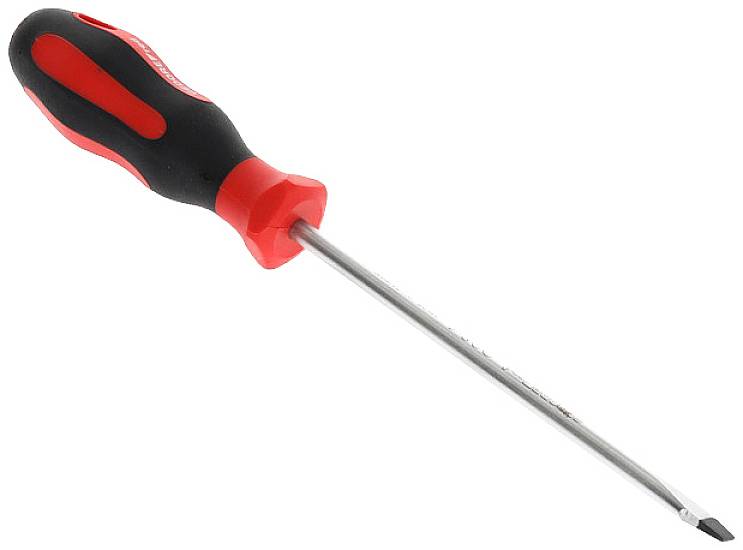 A flathead screwdriver with a red and black handle, suitable for simple screw-driving tasks.