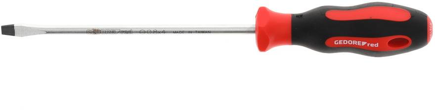 A flathead screwdriver with a red and black handle lies horizontally. It is made of metal and plastic.