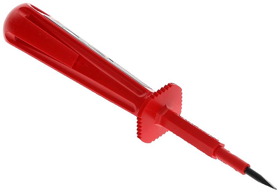 Simple voltage tester with a red plastic handle and metal tip, used for checking electrical voltage in cables.