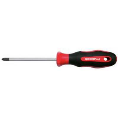 Screwdriver with a black cross-head, featuring a red and black ergonomic handle. Tool for DIY and craft work.
