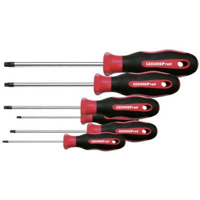 Five Torx screwdrivers of varying sizes with red and black handles, arranged from small to large. Brand name 'GEDORE' printed on the handles.