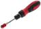 A red and black screwdriver with a non-slip grip and adjustable tip on a white background.
