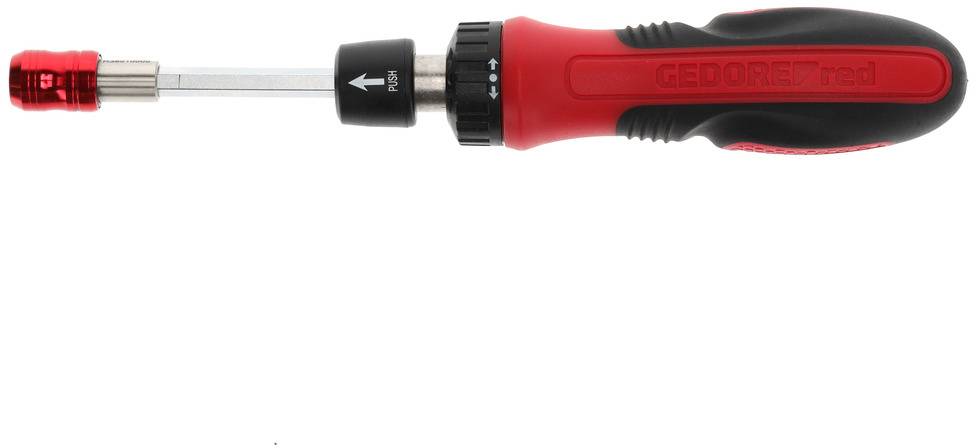 A red screwdriver with a black handle and a rotatable torque head, suitable for precise screwing tasks.