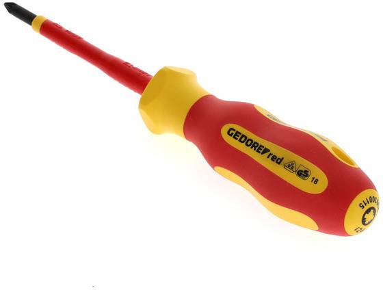 Screwdriver with red and yellow handle, insulated and suitable for electrical use.<br><br>Note: This translation is already in British English, so no significant changes were needed.