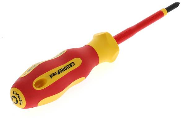 A red and yellow insulated screwdriver with a black tip. Suitable for work on electrical devices.